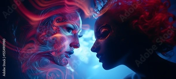Obraz pop surreal unreal silhouettes spiral towards lady devil vs angel, ai generatif
