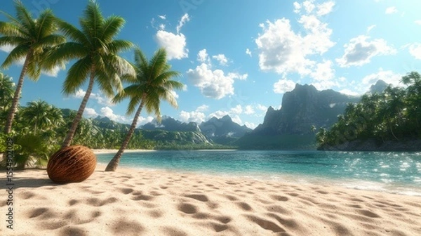 Fototapeta Picturesque tropical beach with tall palm trees turquoise water sandy shoreline and mountain backdrop on sunny day