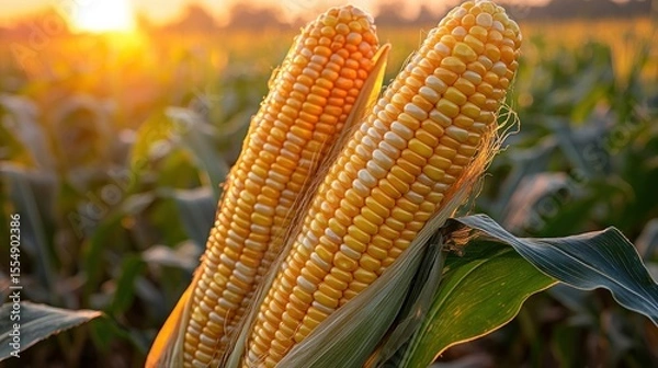 Fototapeta Two ears of corn glow in a field at sunset