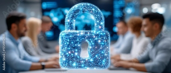 Fototapeta Team discussing cybersecurity strategies in a modern office space collaborative environment professional setting