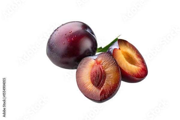 Obraz Fresh ripe plums whole and sliced plum halves with pit isolated on black background