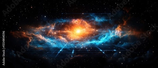 Fototapeta Vast cosmic galaxy with bright fiery center and surrounding blue and orange nebulae in deep space scene