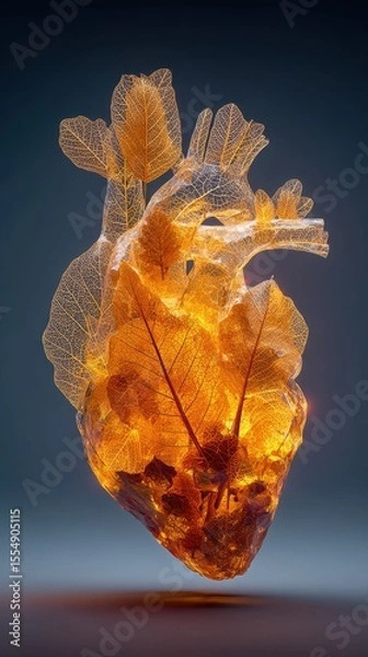 Obraz Heart Sculpture with Transparent Leaves and Vibrant Amber Glow