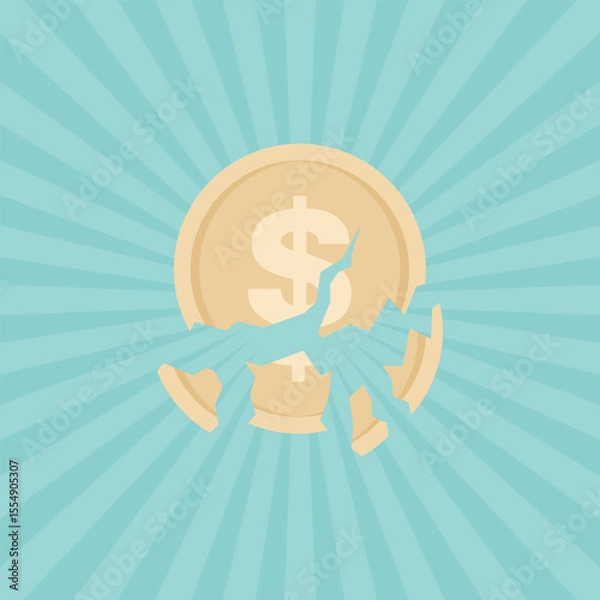 Fototapeta Cracked and broken into pieces gold dollar coin on green background with rays. Flat vector illustration