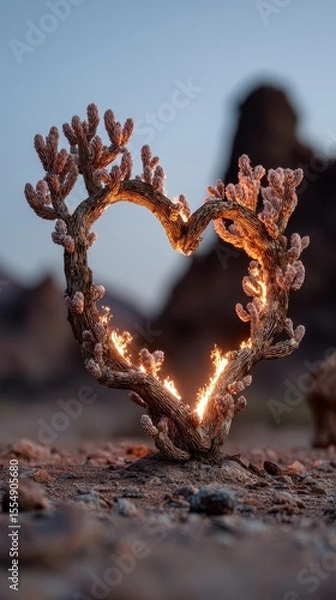 Obraz Heart-Shaped Burning Cactus at Dusk in a Desert Landscape
