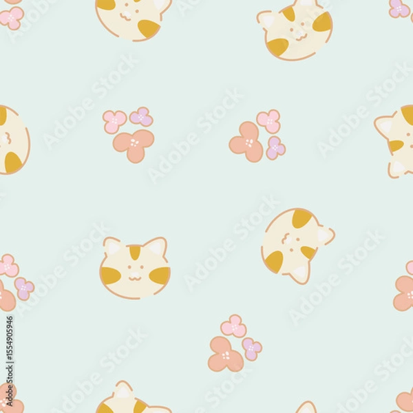 Fototapeta Vector seamless pattern with cute kitten faces and flowers. Hand-drawn cat face and flora concept. Cute animal design cards, texture for fabric, wrapping, wallpaper, apparel and phone cases.