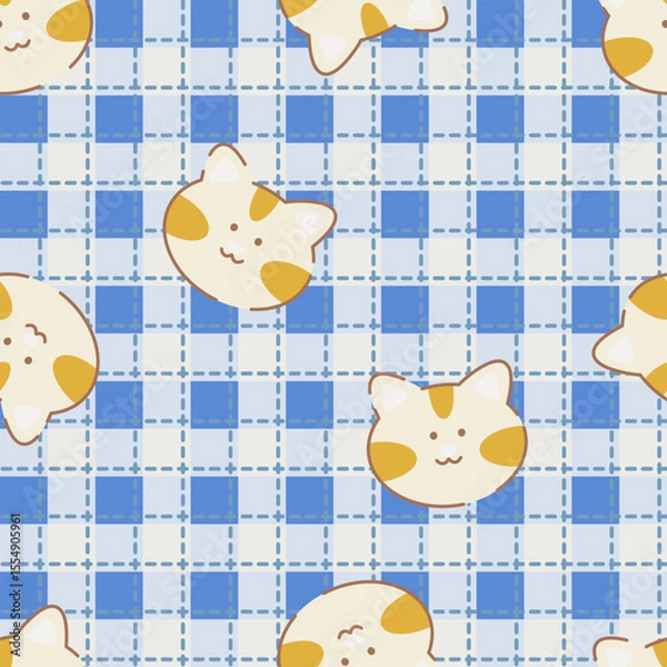 Fototapeta Colourful cat and lines seamless pattern. Cute cartoon pet cat vector on checked for fabric, scarves, cards, scrapbooks, wrapping paper, and textiles