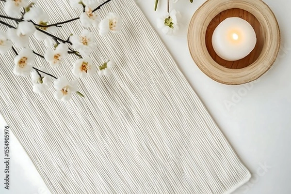 Fototapeta Serene tabletop featuring white blossoms, textured fabric, and a glowing candle in wooden holder