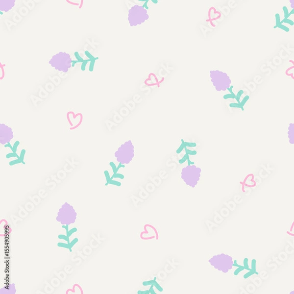 Fototapeta Lavender and heart seamless pattern for the spring or summer season. Purple flowers botanical with heart for fabric, scrapbooking, stationery, cards, wrapping, textiles and wallpaper.