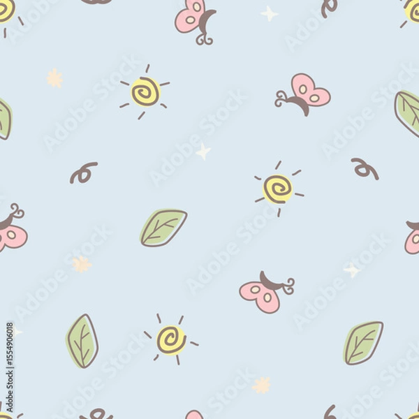 Fototapeta Cute weather and natural pattern featuring sun, butterfly, and leaves vector in a seamless natural theme design for clothing, textiles, card, stationery, phone cases, paper gifts, wallpaper, wrapping,