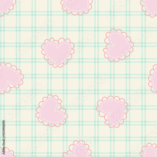 Fototapeta Colourful hearts and lines seamless pattern. Cute cartoon heart vector on checked for fabric, scarves, cards, scrapbooks, wrapping paper, and textiles