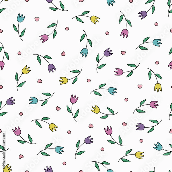 Fototapeta Tulip vector pattern, seamless repeating background, flat illustration. Pastel flower pattern with icons, floral wallpaper design for cards, fabric, wrapping, textiles, wallpaper, and stationery.