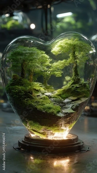 Obraz Heart-Shaped Glass Container with Lush Green Forest Landscape