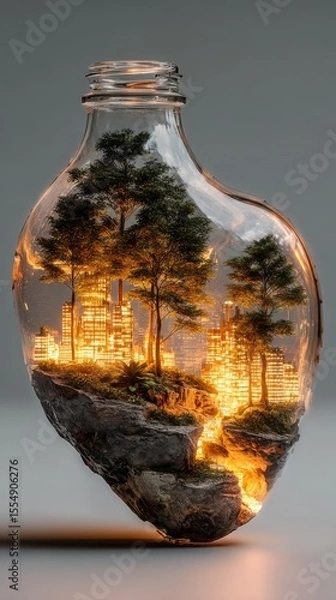 Obraz Enchanted Glass Bottle with Forest and Cityscape Inside