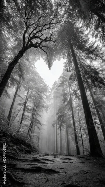 Obraz Misty Forest Pathway with Tall Trees in Black and White
