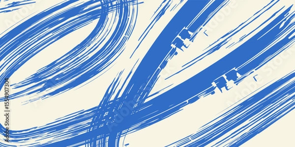 Fototapeta Grainy blue bold brush stroke with spray texture. Hand drawn distress damaged edge vintage template, banner. Grainy bold brush strokes texture with small dots