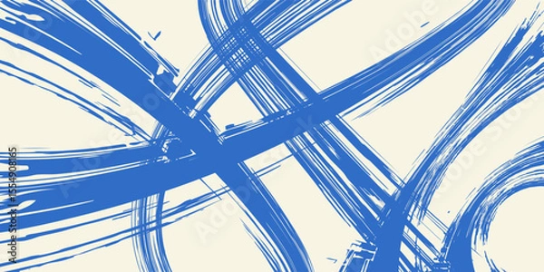 Fototapeta Grainy blue bold brush stroke with spray texture. Hand drawn distress damaged edge vintage template, banner. Grainy bold brush strokes texture with small dots