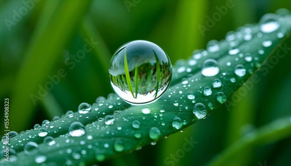 Fototapeta Vibrant Glistening Raindrop Reflecting Miniature World on Green Leaf
