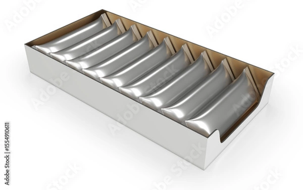 Fototapeta Realistic silver sachet display box on white background. 3d illustration