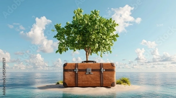 Fototapeta Vibrant green tree growing from a vintage leather suitcase on a small island at sea under blue sky with clouds