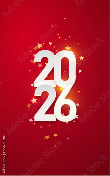 Obraz 2026 gold metal number for New Year . Festive Christmas banner with falling confetti on bright background. Realistic Golden 3d number. Vector