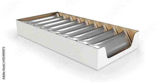 Fototapeta Realistic silver foil flow pack or sachet in display box. 3d illustration on white background
