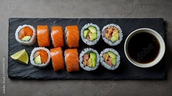 Fototapeta Assorted sushi rolls with salmon and avocado on black slate plate