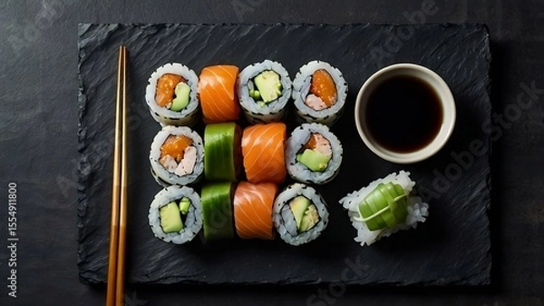 Fototapeta Assorted sushi rolls with salmon and avocado on black slate plate