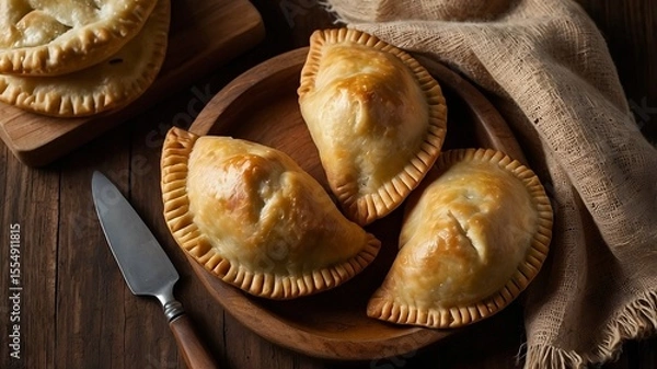 Fototapeta Golden baked cheese empanadas on rustic wooden table with sauce