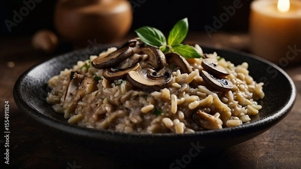 Fototapeta Gourmet risotto with mushrooms in dark rustic setting