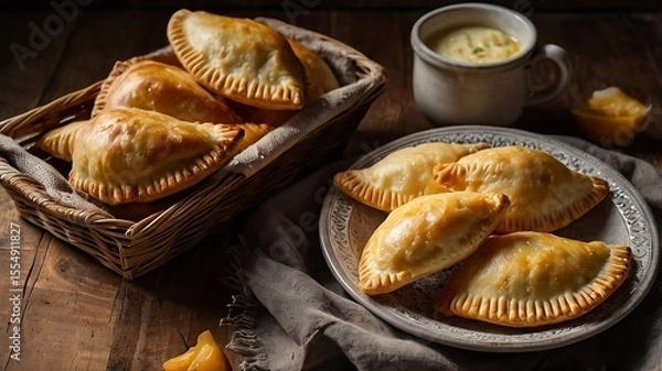 Fototapeta Golden baked cheese empanadas on rustic wooden table with sauce