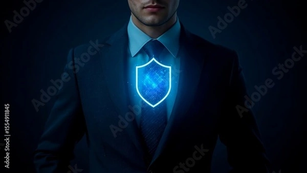 Fototapeta Businessman with glowing security shield on chest representing digital protection. AI generated