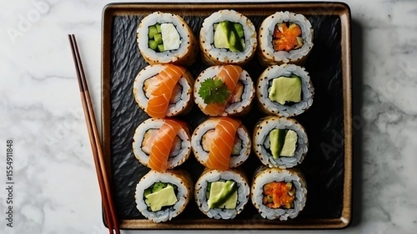 Fototapeta Assorted sushi rolls with salmon and avocado on black slate plate