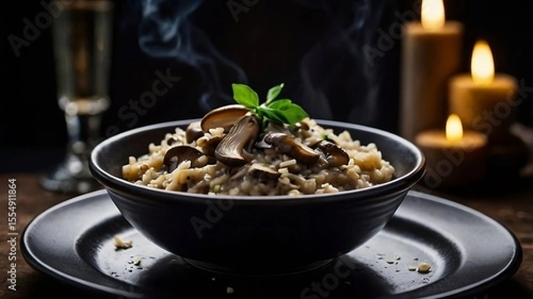 Fototapeta Gourmet risotto with mushrooms in dark rustic setting