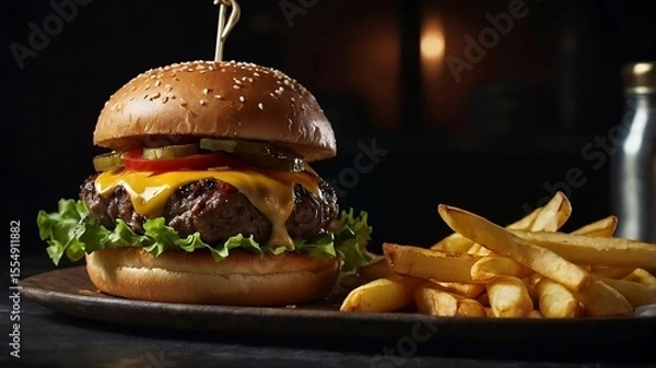 Fototapeta Juicy cheeseburger with melted cheddar and crispy fries on dark background