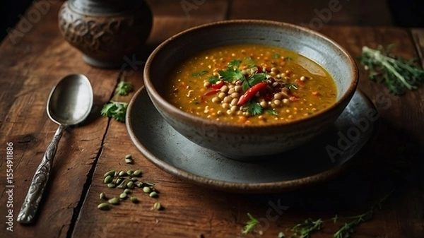 Fototapeta Homemade lentil stew with vegetables in rustic ceramic bowl