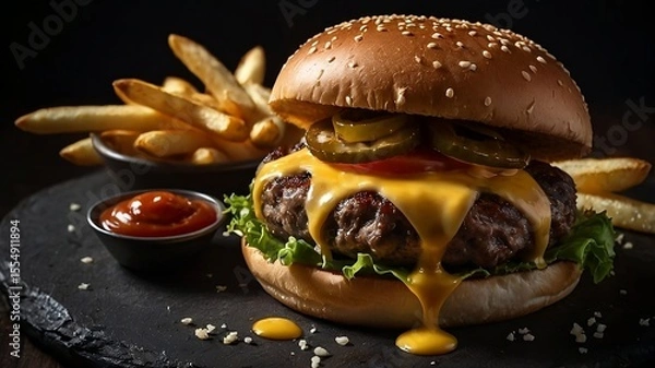 Fototapeta Juicy cheeseburger with melted cheddar and crispy fries on dark background