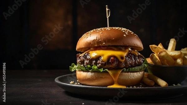 Fototapeta Juicy cheeseburger with melted cheddar and crispy fries on dark background