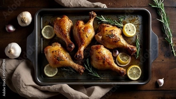 Fototapeta Crispy roasted chicken drumsticks with herbs and lemon on rustic tray
