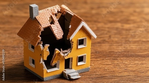 Fototapeta Small yellow house with a broken roof and damaged walls on wooden surface illustrating property damage or destruction