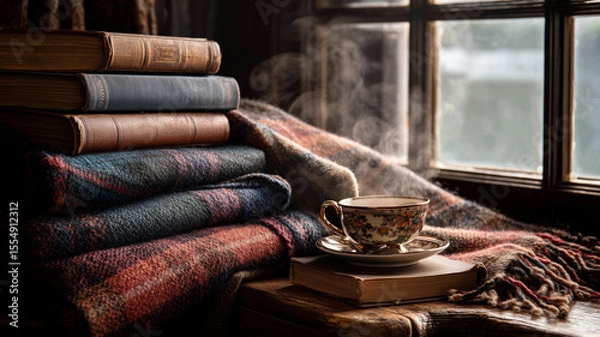 Fototapeta A cozy reading nook with stacks of classic novels wool blanket tea cup steaming on a table beside window light real photo stock photography