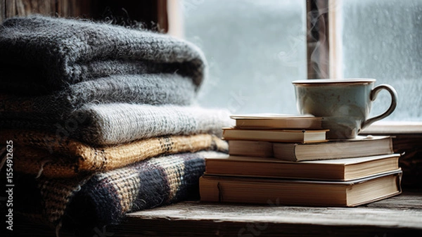 Fototapeta A cozy reading nook with stacks of classic novels wool blanket tea cup steaming on a table beside window light real photo stock photography