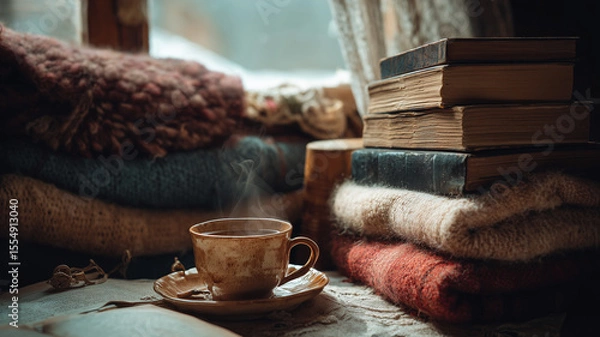 Fototapeta A cozy reading nook with stacks of classic novels wool blanket tea cup steaming on a table beside window light real photo stock photography