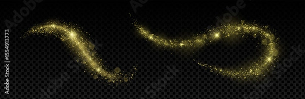 Fototapeta Golden glitter dust set with stars, sparkles and glowing light trails. Swirling wave effect with shimmer, flare and bokeh. Festive abstract background for xmas, night sky or fantasy themes. EPS vector