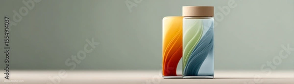 Obraz Two modern, stylish glass bottles with multicolored abstract designs stand side by side on a plain surface against a gray background.