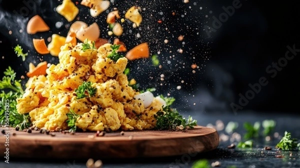 Fototapeta Freshly cooked scrambled eggs with chopped vegetables and herbs sprinkled on a rustic wooden plate