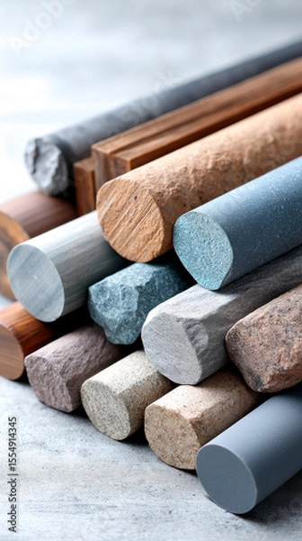 Obraz Various cylindrical and rectangular samples of stone and concrete materials stacked neatly on a surface.