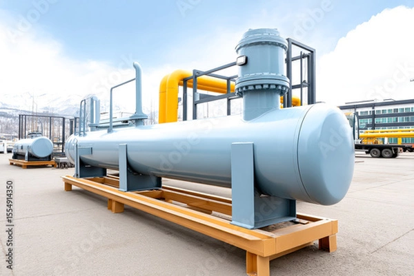 Obraz Large industrial horizontal heat exchangers with pipes and valves in an outdoor facility under a clear sky.
