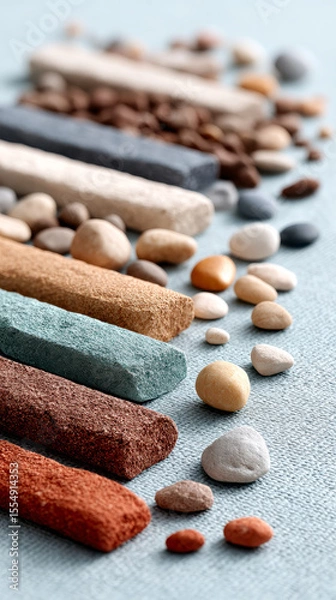 Obraz Close-up of textured sticks and smooth pebbles arranged in rows on a fabric surface, showcasing natural earthy colors and varied shapes.