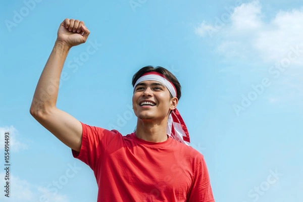 Obraz young man with arms outstretched for celebrate Indonesian independence day on 17 August.